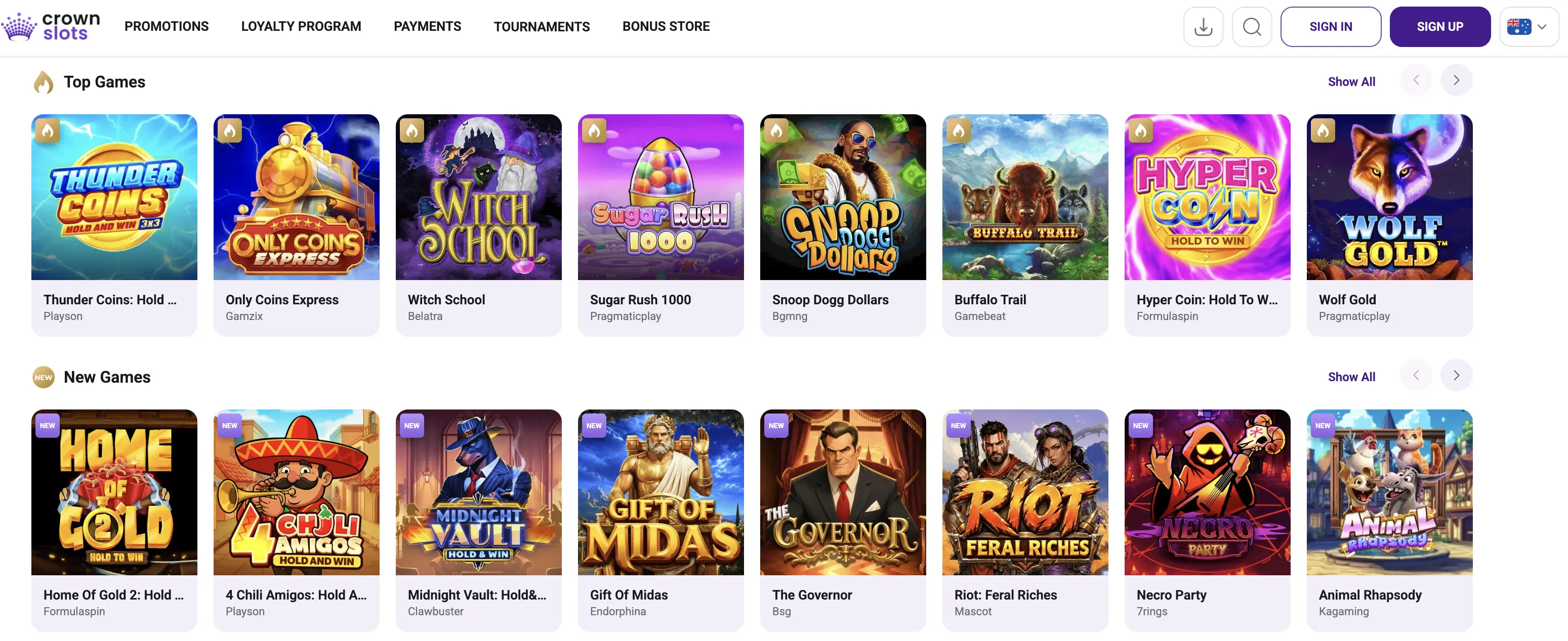 Crownslots casino game lobby